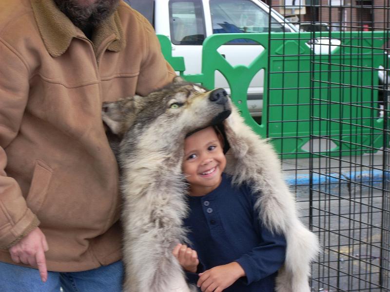 31.JPG - Octavious drapped in a wolf skin, Open Air Market, Anchorage, Alaska