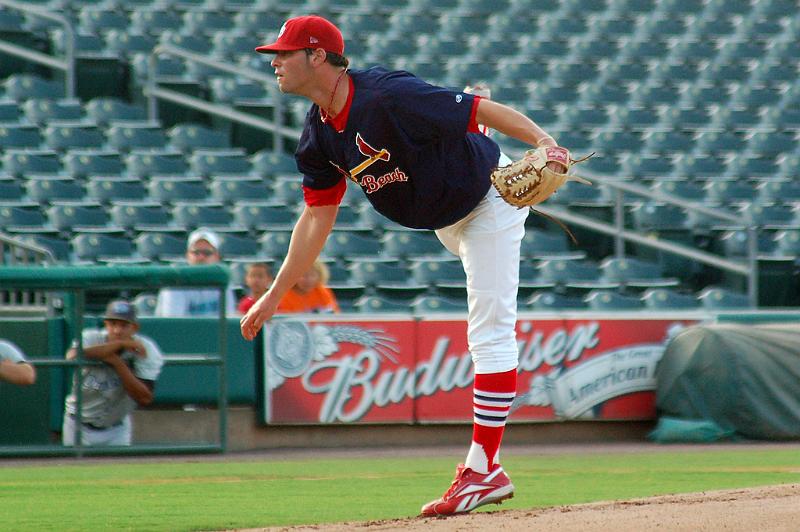 DSC_6297.JPG - Palm Beach Cardinals against Dunedin Blue Jays 05/10/2008 - Starting pitcher David Kopp after delivering the pitch - Final Result: Palm Beach 9 Dunedin 2