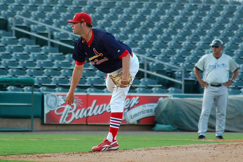 DSC_6340.JPG - Palm Beach Cardinals against Dunedin Blue Jays 05/10/2008 - Starting pitcher David Kopp watching the result of the pitch - Final Result: Palm Beach 9 Dunedin 2