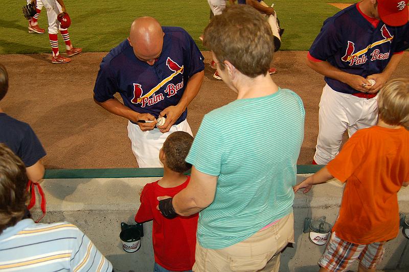 DSC_6458.JPG - Palm Beach Cardinals against Dunedin Blue Jays 05/10/2008 - During the game while catching for the bullpen warm ups, catcher Nick Derba tossed a ball to our son Octavious - after the game - Nick signed it for him - Final Result: Palm Beach 9 Dunedin 2